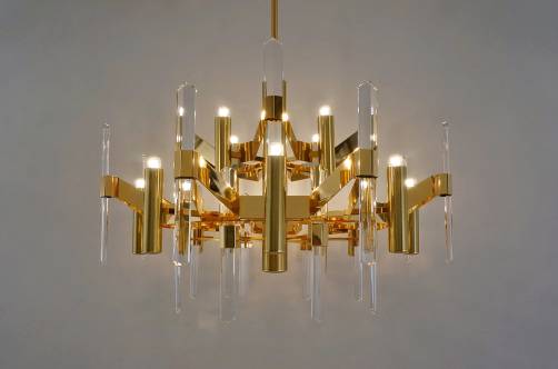 Sciolari brass chandelier, crystals & 12 lights, 1970s, Italian